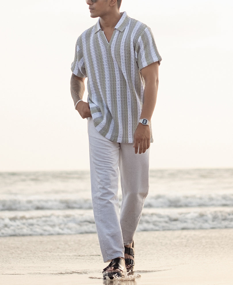 White and Green Crochet Striped Regular Half Sleeves T Shirt