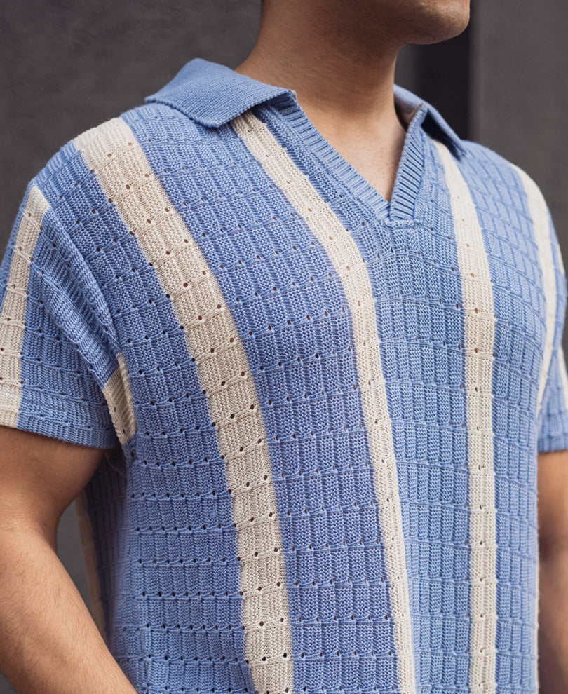 Sky Blue and White Structured Striped Half Sleeves T Shirt
