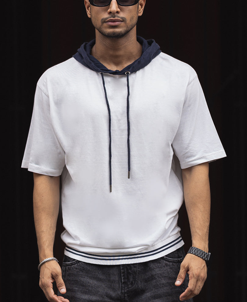 Off White and Navy Blue Oversized Half Sleeves Hoodie T Shirt