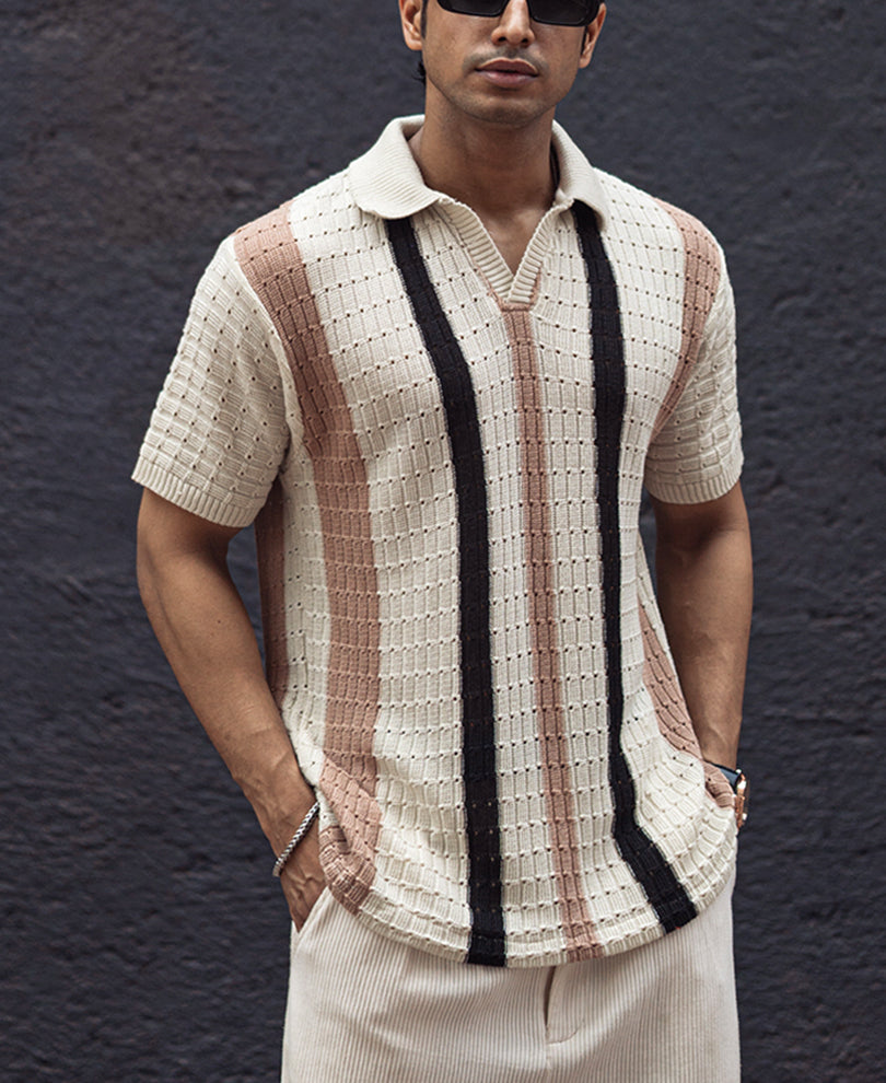 Off White and Beige Crochet Striped Regular Half Sleeves T Shirt