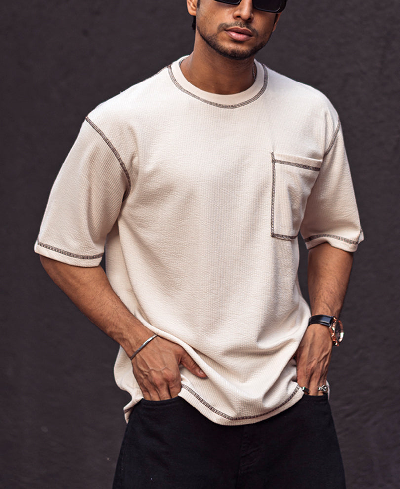 Cream Contrast Stitch Oversize Drop Shoulder T Shirt