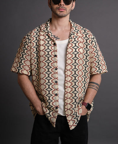 Multicolor Crochet Knit Oversized Half Sleeves Shirt