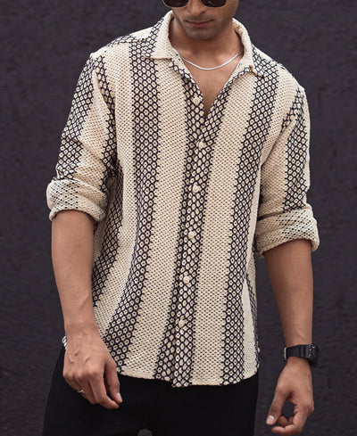 Off White And Black Crochet Regular Fit Full Sleeves Shirt