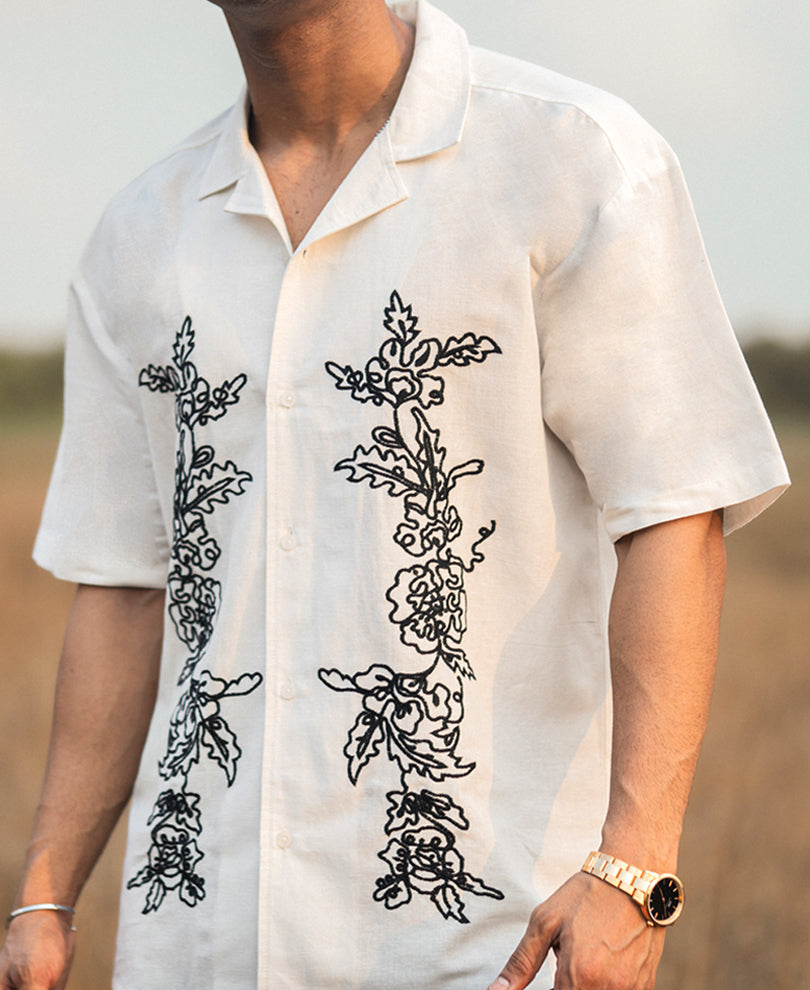 Off White Structured Embroidery Oversized Half Sleeves Shirt