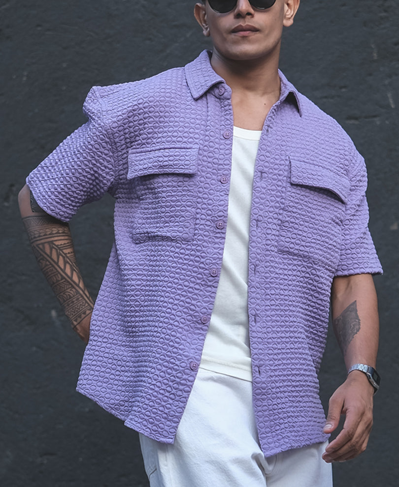 Lavender Structured Oversized Double Pocket Half Sleeves Shirt