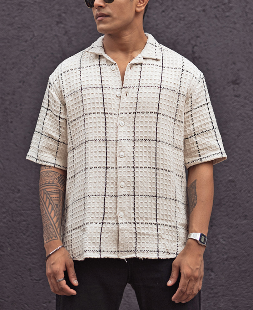Off White and Black Structured Checks Oversized Shirt