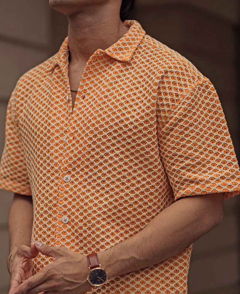 Orange and White Crochet Knit Oversized Shirt.