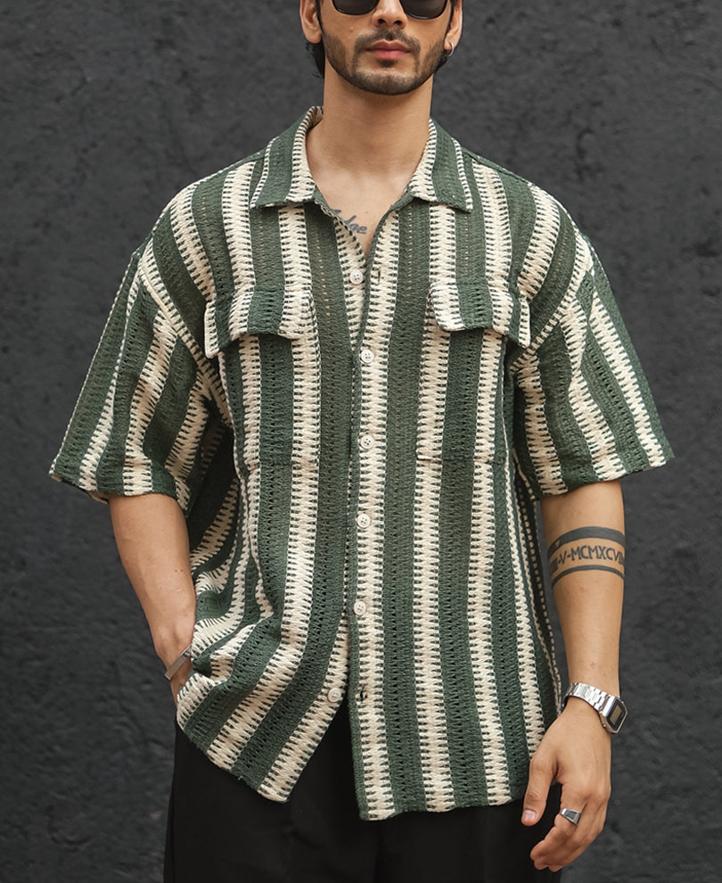 Green and Off White Crochet Striped Oversized Half Sleeves Shirt