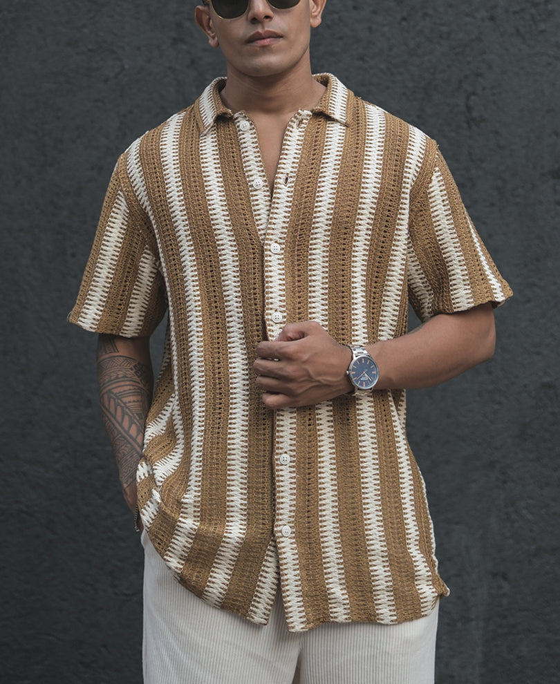 Beige and White Crochet Striped Half Sleeves Shirt