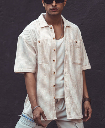 Off White Structured Oversized Half Sleeves Shirt