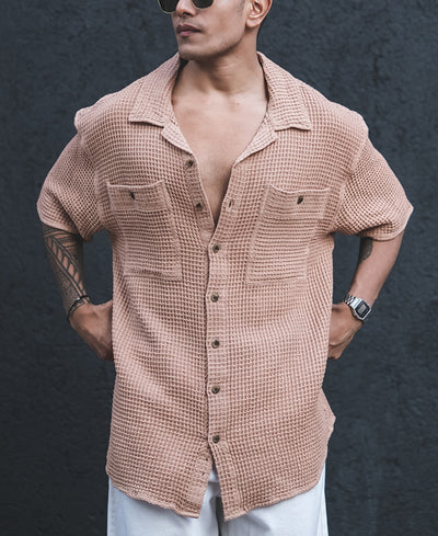 Camel Waffle Structured Oversized Half Sleeves Shirt