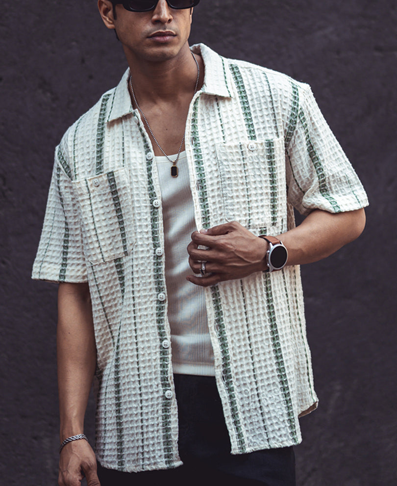White and Green Structured Puff Waffle Striped Half Sleeves Shirt