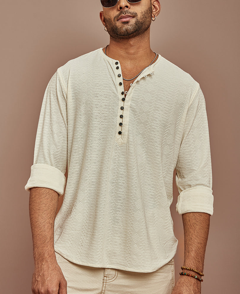 Cream Structured Kurta Style Regular Fit Full Sleeves Shirt