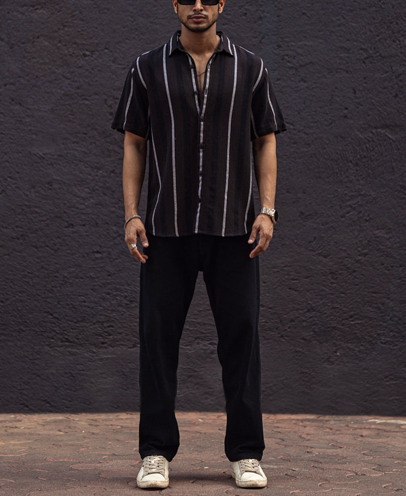 Black and White Striped Regular Fit Half Sleeves Shirt