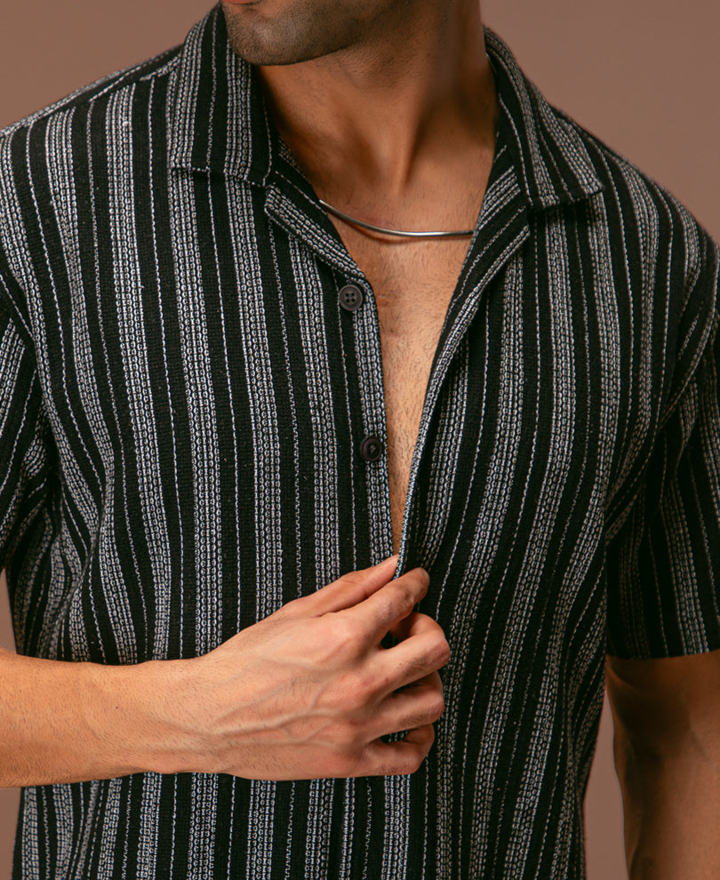 Black and White Structured Striped Half Sleeves Shirt