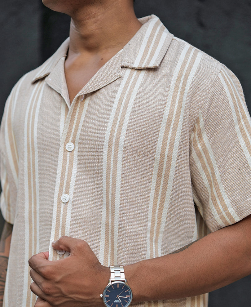 Light Beige Structured Striped Regular Half Sleeves Shirt