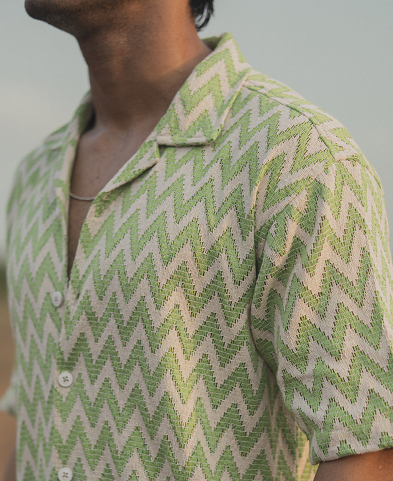 Green and White Oversized Half Sleeves Striped Shirt