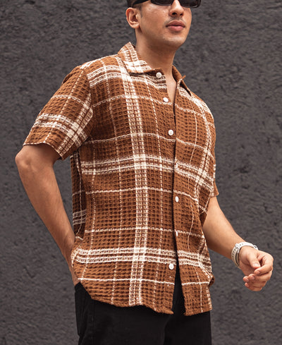 Brown Waffle Structured Checks Half Sleeves Shirt