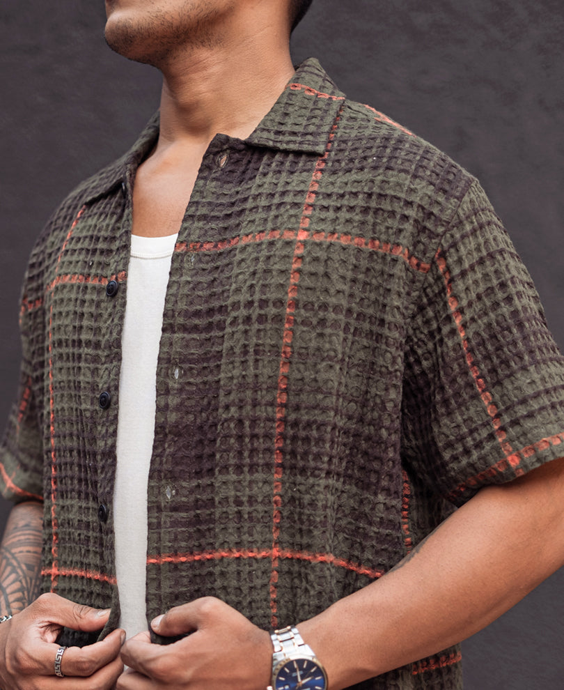 Olive and Black Structured Regular Checks Half Sleeves Shirt