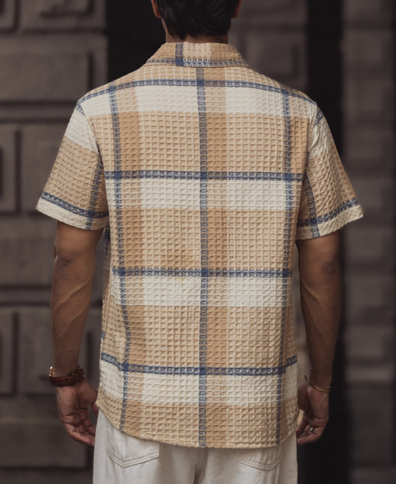 Off White and Beige Structured Checks Half Sleeves Shirt