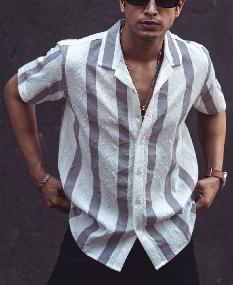 White and Grey Structured Striped Cuban Collar Shirt