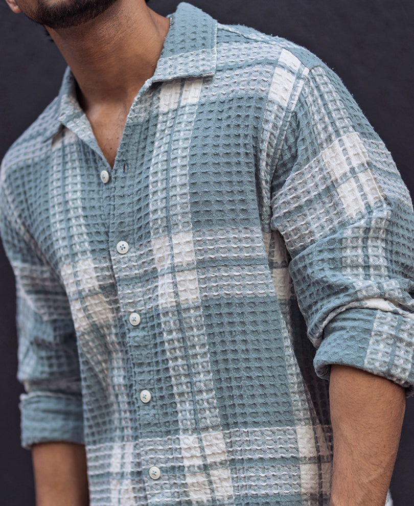 Sky Grey Waffle Checked Regular fit Full Sleeves Shirt