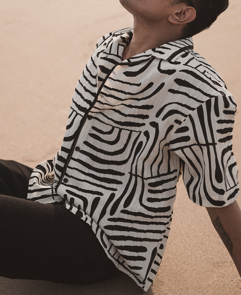 Off White and Black Printed Oversized Half Sleeves Shirt