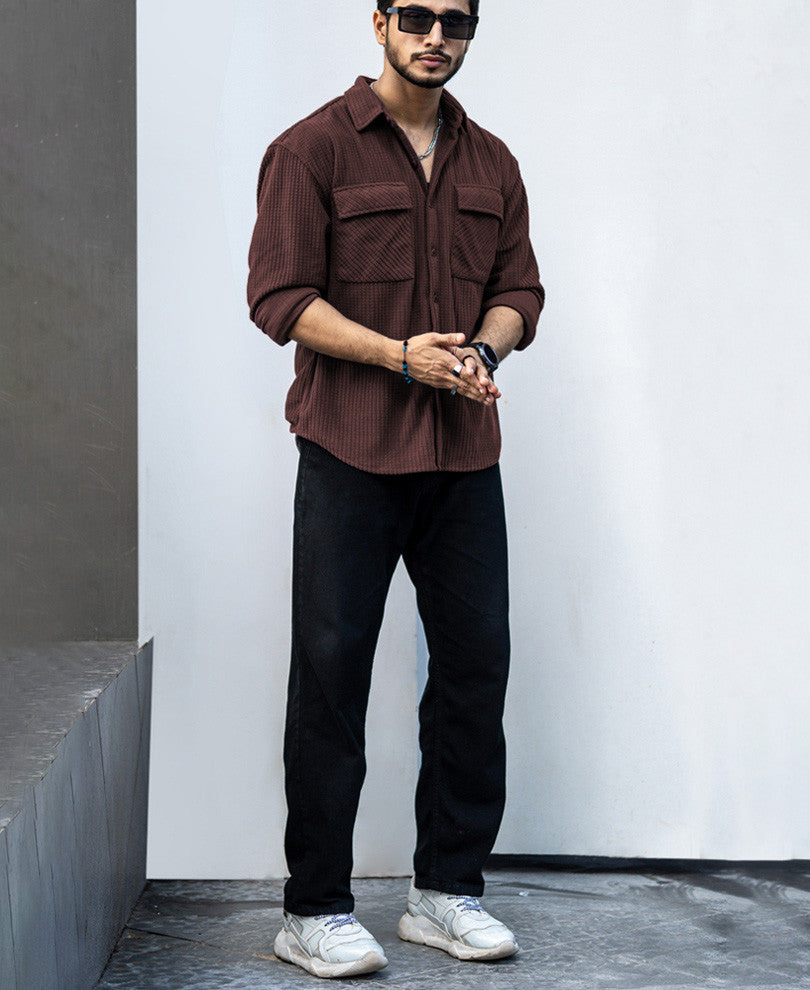 Dark Brown Structured Shacket Oversized Shirt