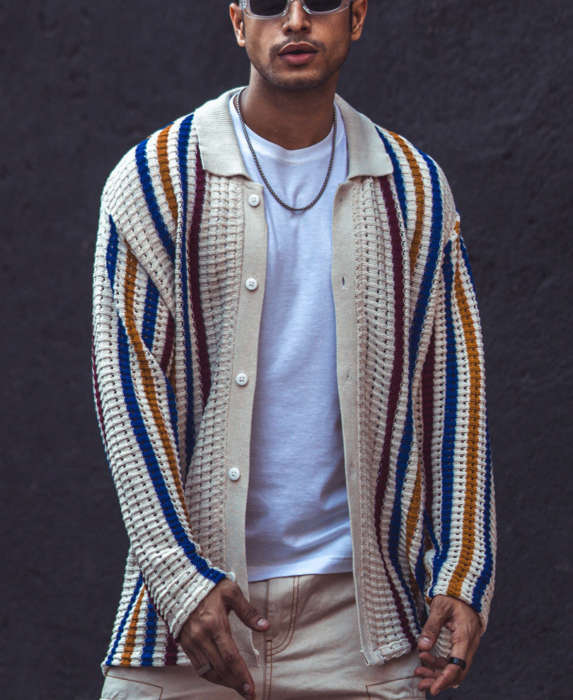 Multicolor Crochet Knit Striped Oversized Shirts