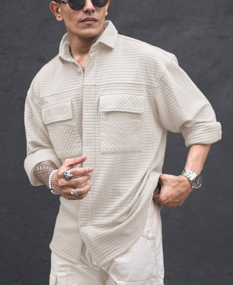 Cream Structured Knit Oversized Shirt