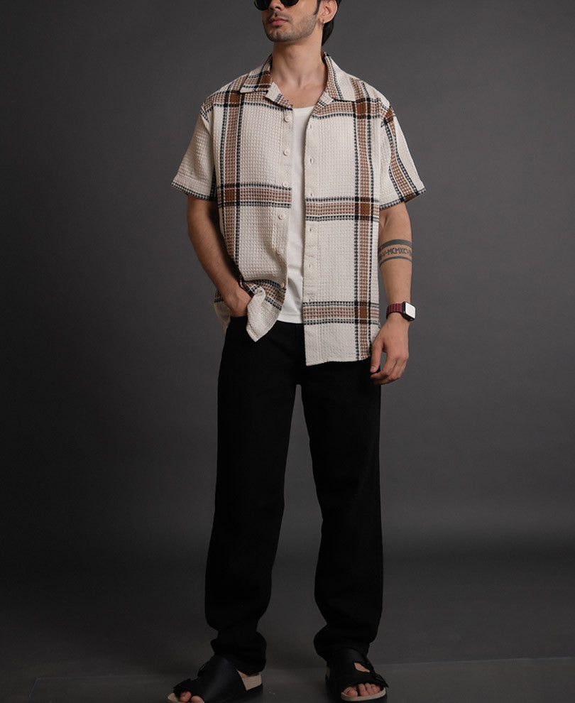 Off White and Brown Structured Checks Half Sleeves Shirt
