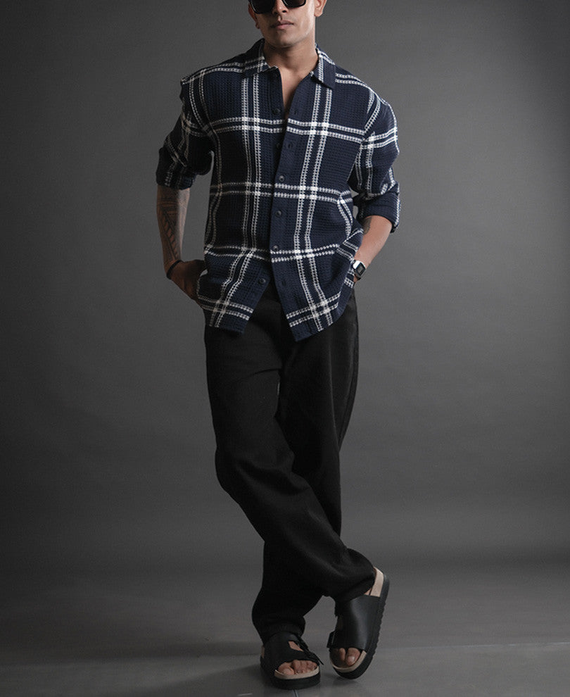 Blue and White Structured Checks Oversized Shirt