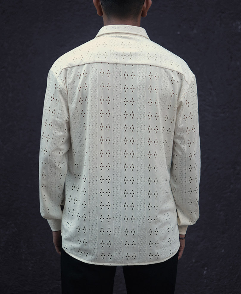 Cream Structured Crochet Knit Oversized Shirt