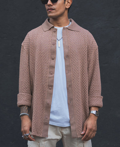 Brown Crochet Full Sleeves Oversized Shirt