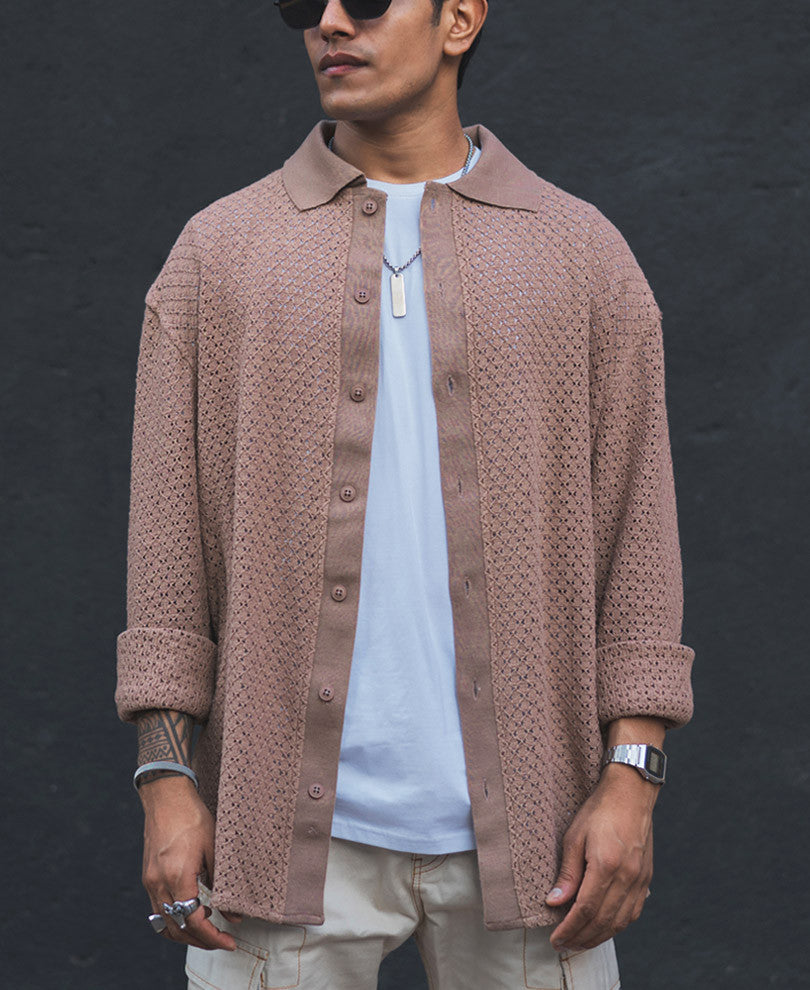 Brown Crochet Full Sleeves Oversized Shirt