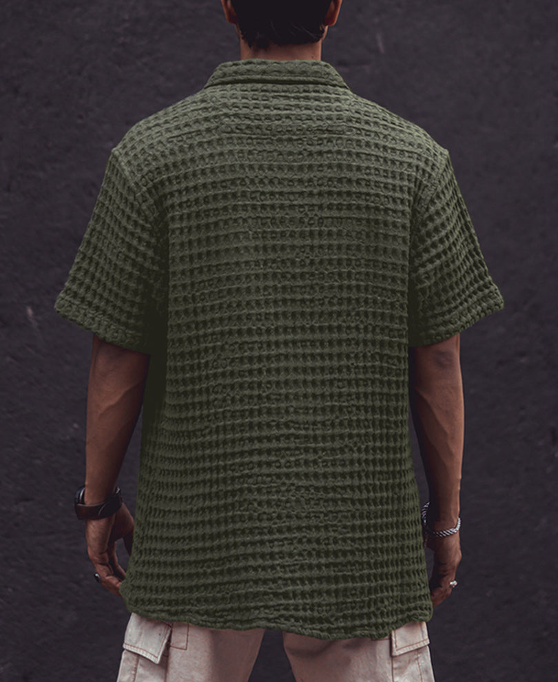 Olive Green Structured Puff Waffle Half Sleeves Shirt