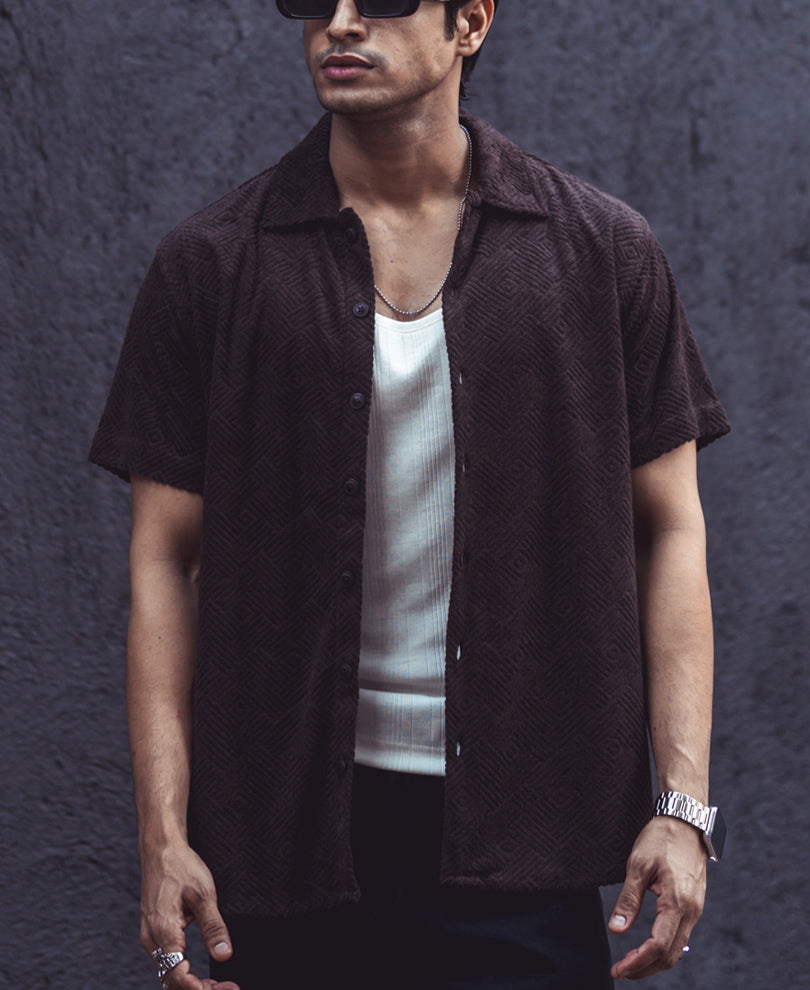 Dark Brown Structured Regular Fit Half Sleeves Shirt