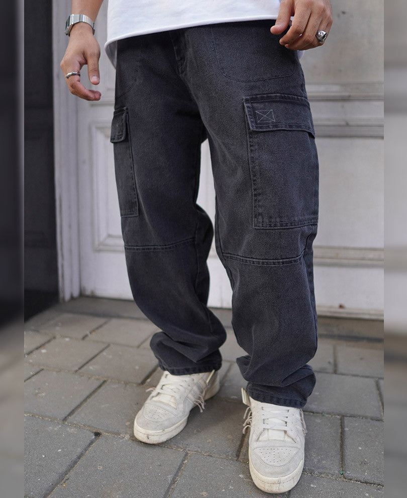 Black Denim Cargo Pocket Baggy Fit Jeans