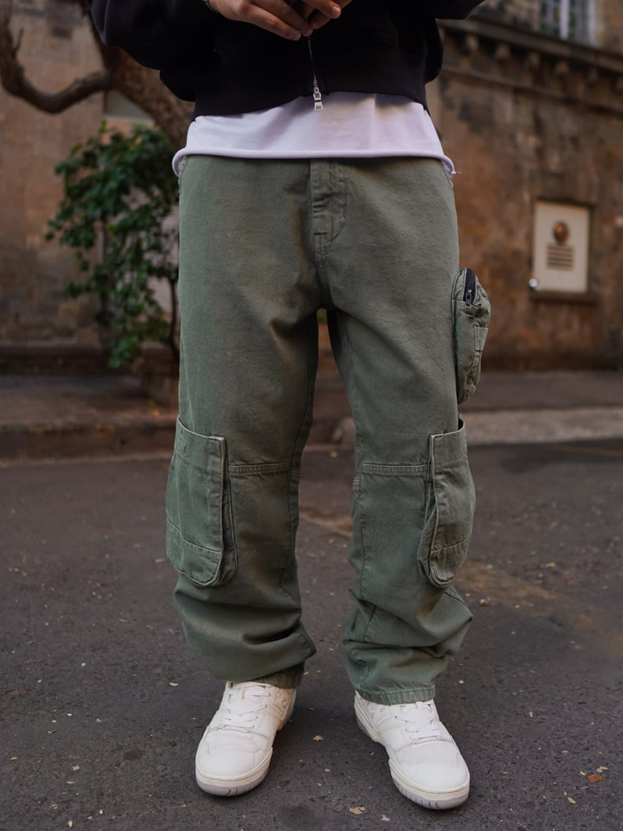 Dark Green Denim Cargo Pocket Baggy Fit Jeans
