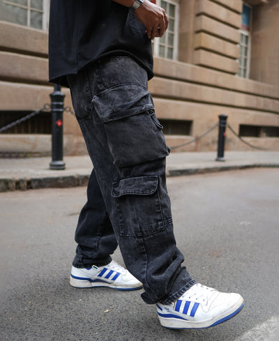Black Denim Utility Cargo Baggy Fit Jeans