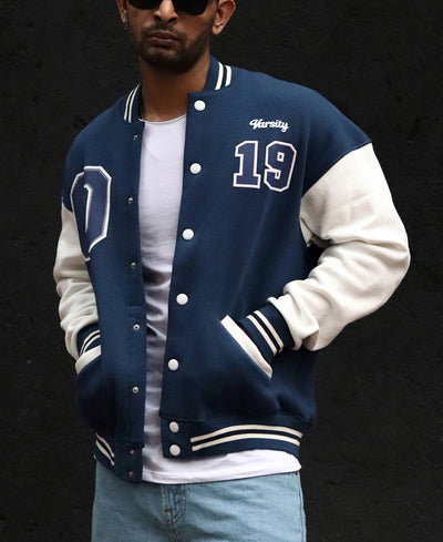 Sapphire Blue Chest Print Varsity Oversize Jacket