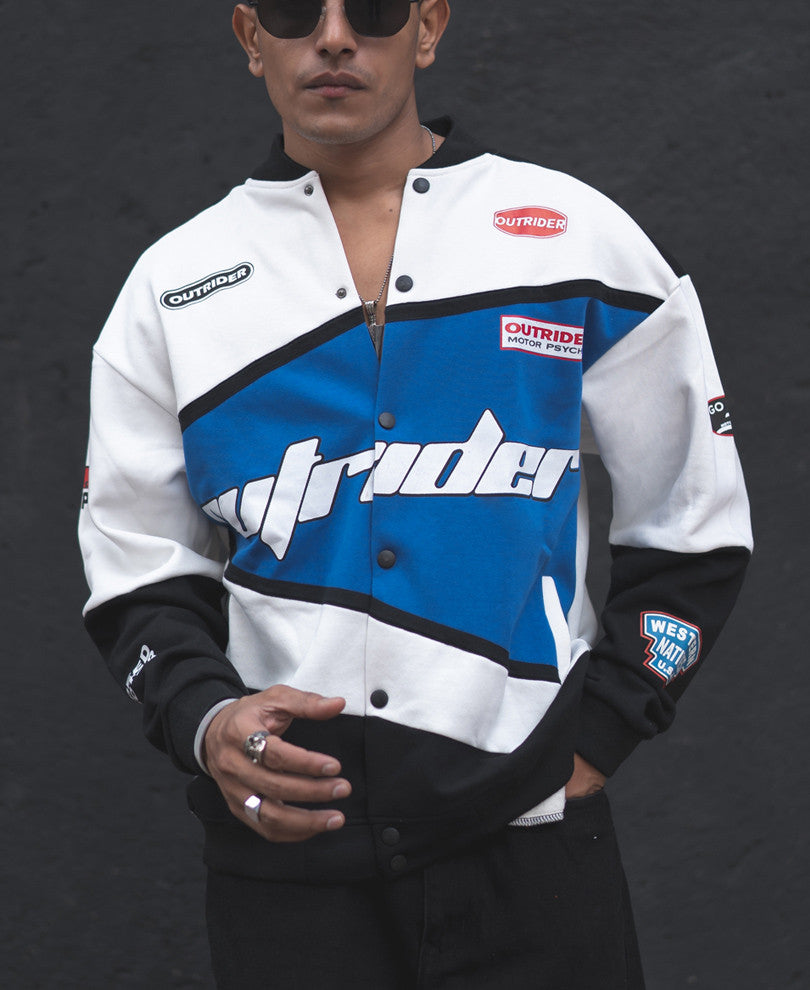 White and Blue Outrider Oversized Varsity Jacket