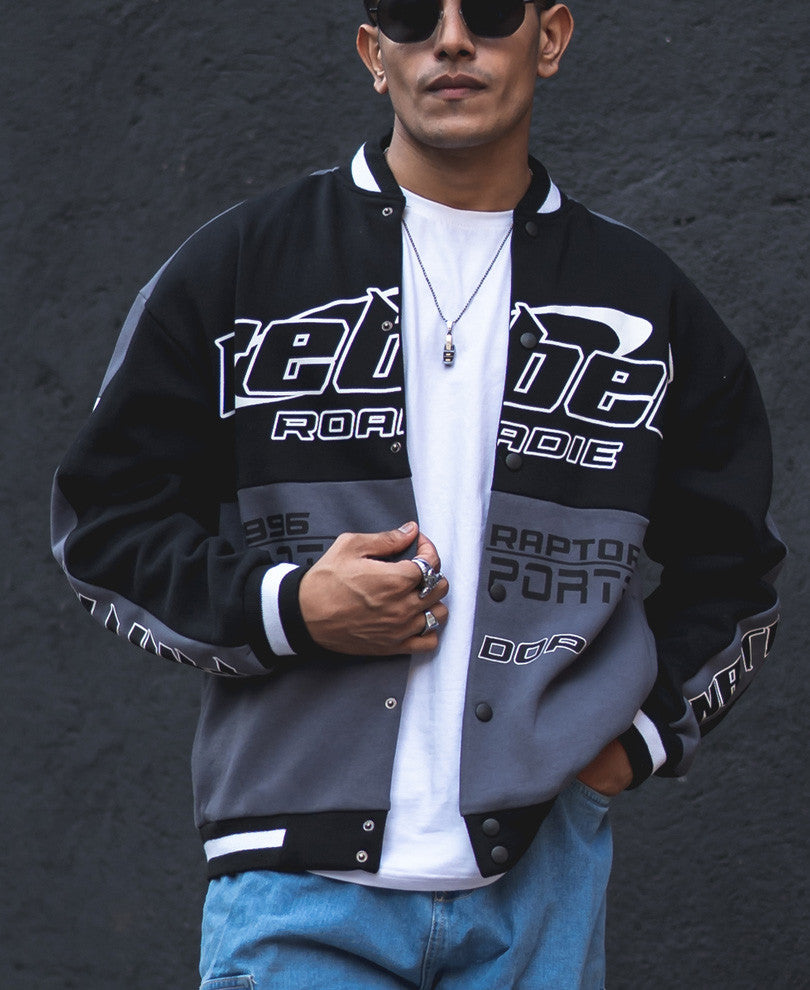 Grey and Black Rebel Oversized Varsity Jacket