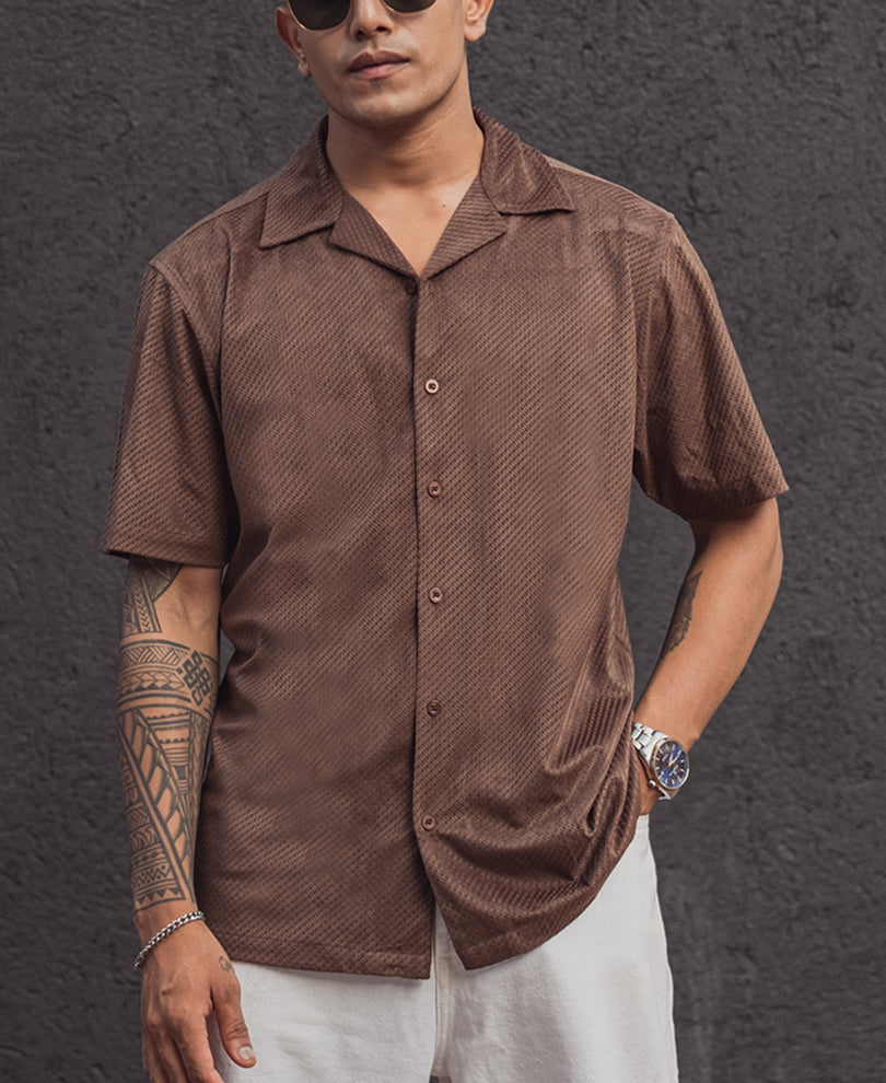 Brown Structured Regular Fit Half Sleeves Shirt