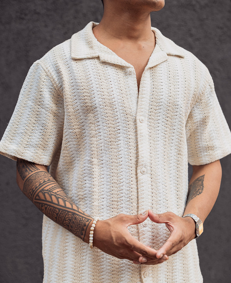 Off White and Beige Striped Shirt and Shorts Set