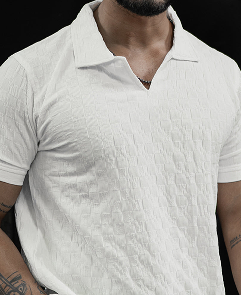 White Structured V Neck Regular Half Sleeves T Shirt