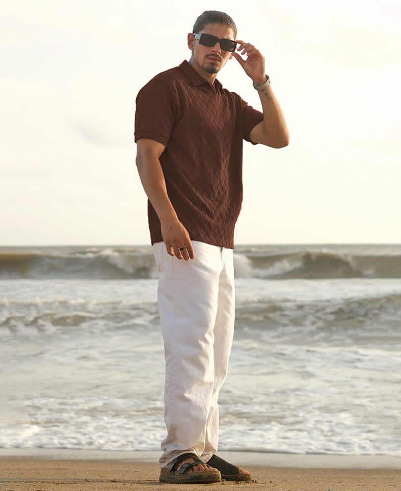 Brown Plain Structure Regular Fit Half Sleeve Collar T-Shirt