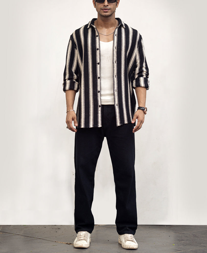 Black And White Striped Regular Fit Crochet Full Sleeves Shirt