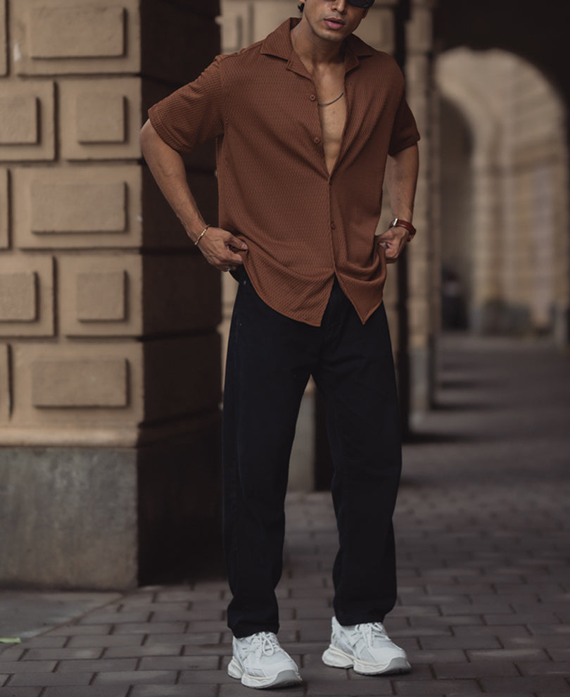 Brown Structured Plain Regular Fit Half Sleeve Cuban Collar Shirt