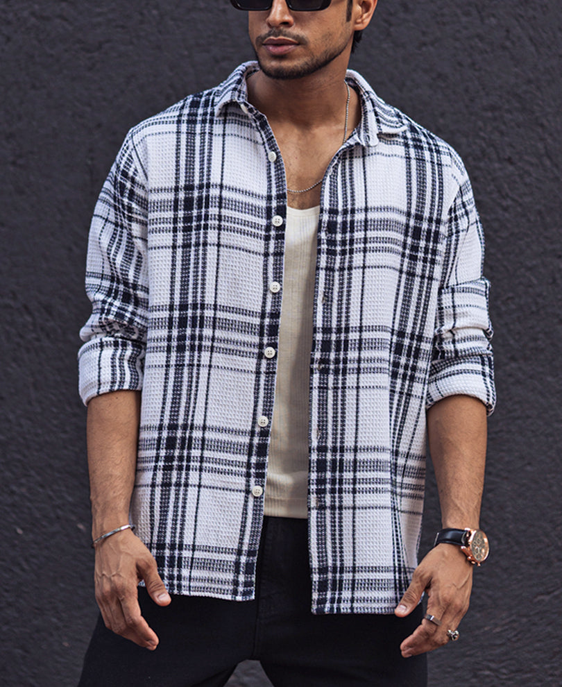 Navy Blue and White Waffle Checks Regular Full Sleeves Shirt.